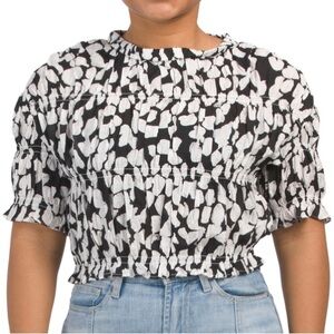 Mango Womens Black/White Short Sleeve Ruffle Blouse, Size XS